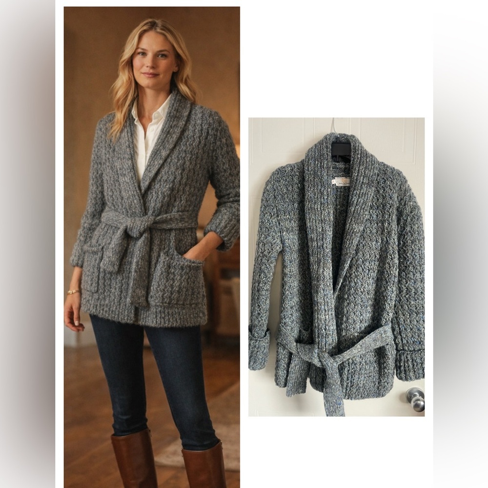 Hudson's Bay Wool Belted Cardigan Old Money Heritage Gray Blue M Vintage